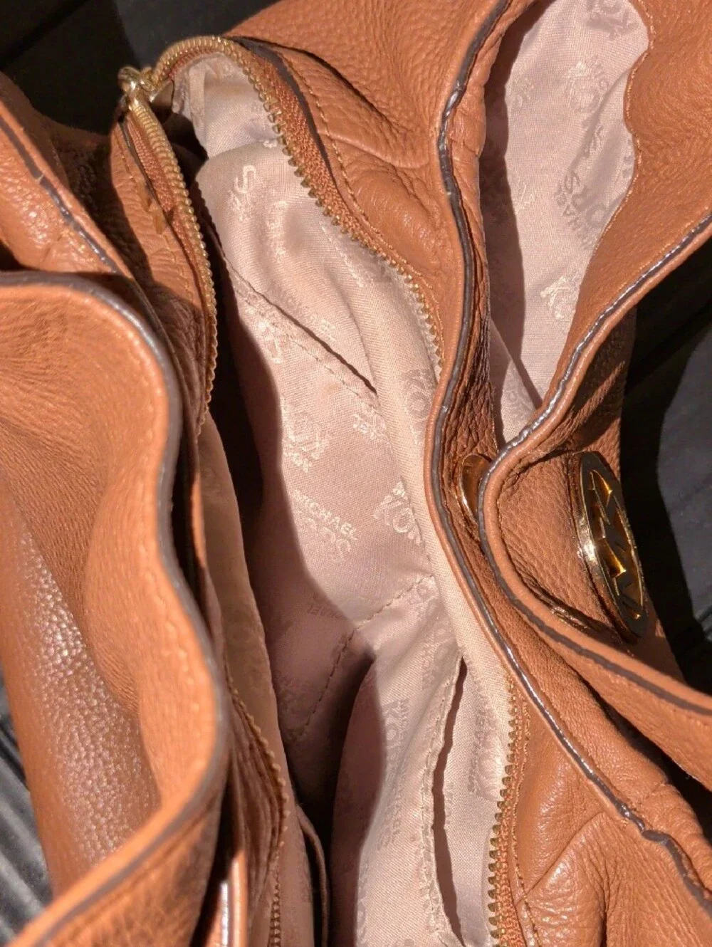 Michael Kors Cognac Pebbled Leather Shoulder Hobo with Gold Logo